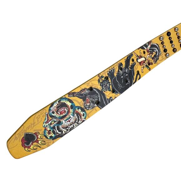 Ed Hardy Men's Double Prong Panther Snake Print Yellow Belt With Rivet Studs - Picture 5 of 6